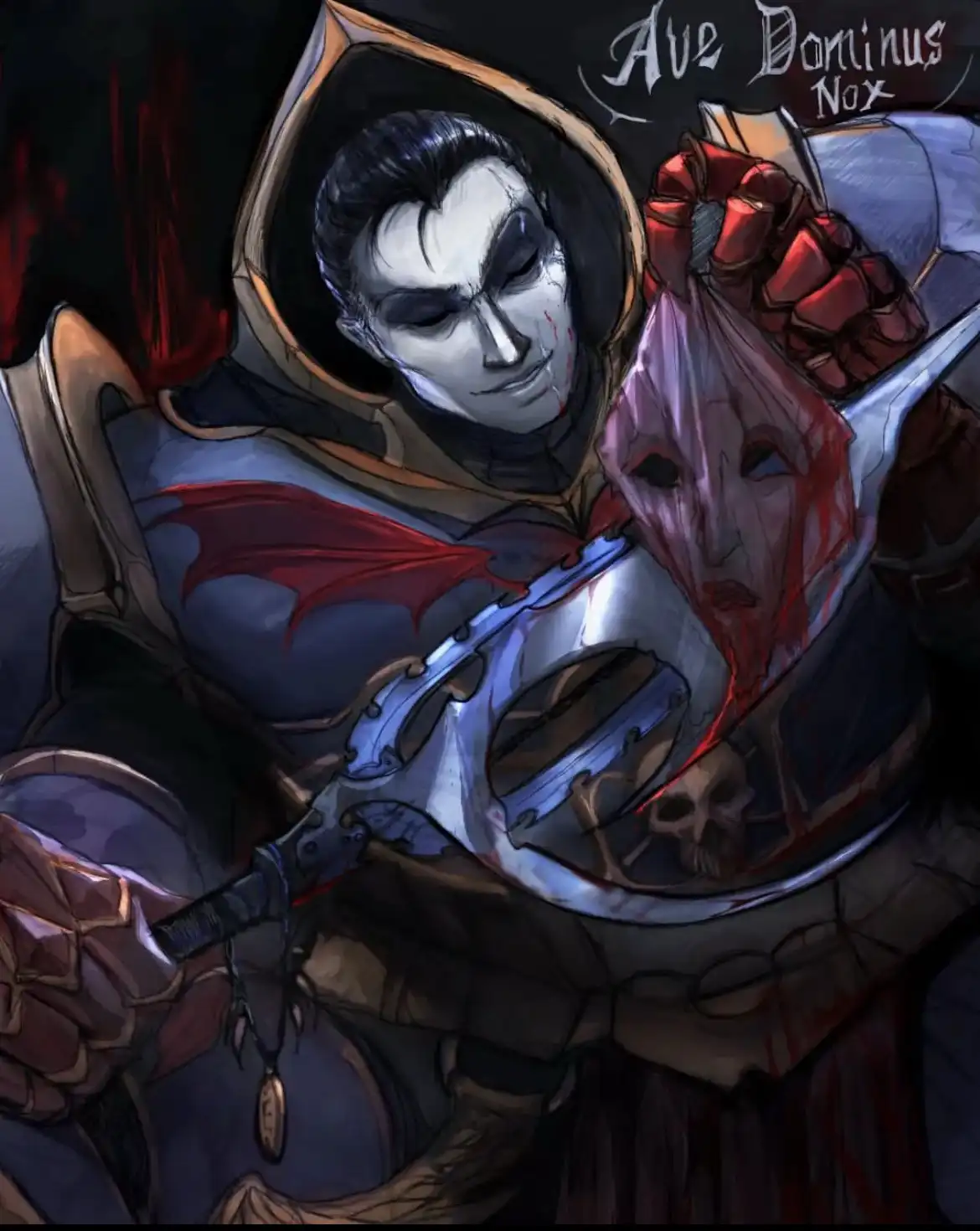 A dark fantasy illustration shows a pale, hooded figure with a sinister smile, holding a bloodied, severed mask in one hand…