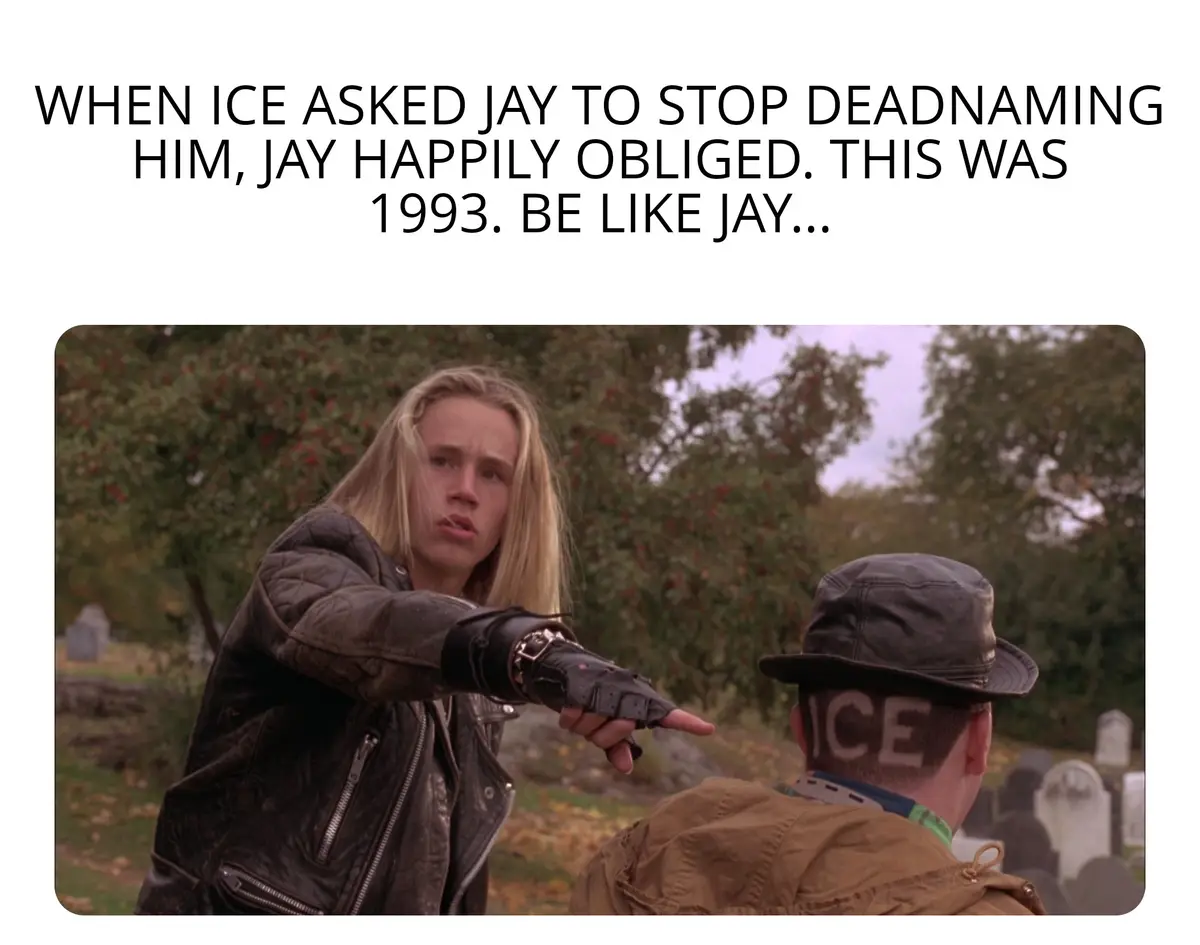 A still from the movie 'The Crow' shows a blonde woman in a black leather jacket pointing at a man in a brown jacket and…