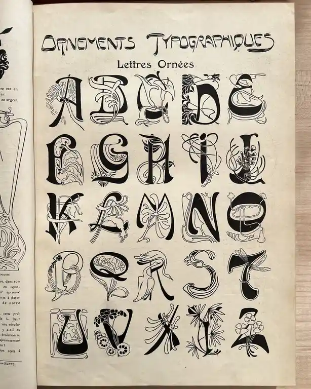 A vintage page from a French typography book displays ornate, black-and-white Art Nouveau letterforms for the alphabet, each…