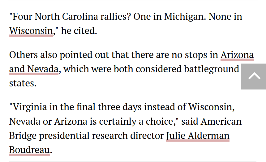 A screenshot of a news article excerpt highlighting criticism of a campaign's travel schedule, which notably omits key…
