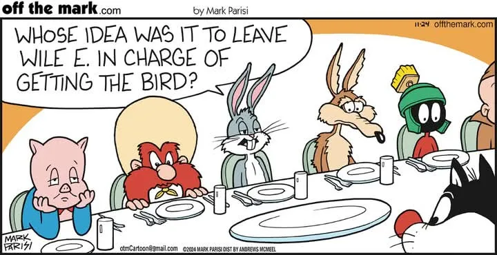 A comic strip panel shows several Looney Tunes characters seated at a dinner table. Bugs Bunny, Daffy Duck, Marvin the…