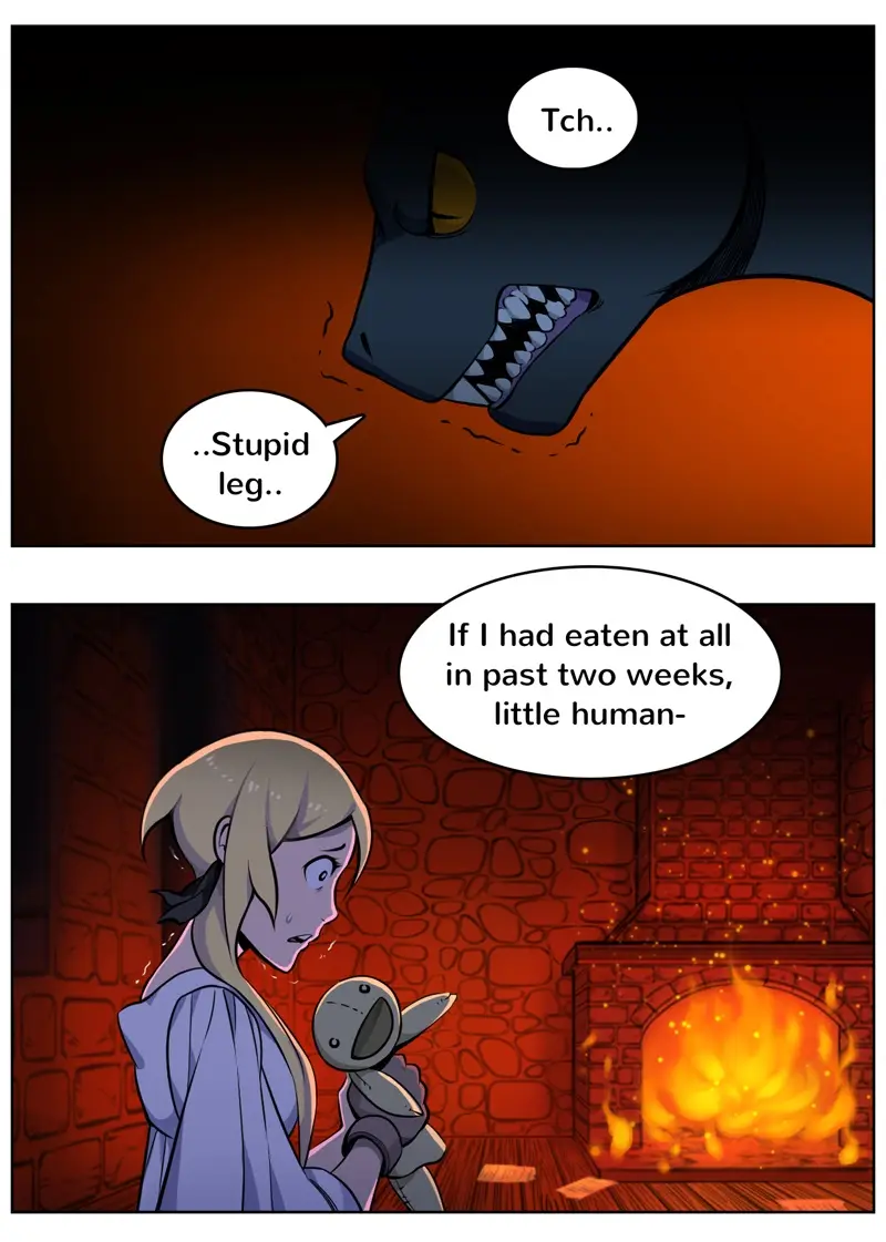 A two-panel comic shows a large, dark dragon with a single visible eye and sharp teeth, grumbling 'Tch.. ...Stupid leg..'…