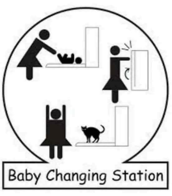 A black-and-white diagram labeled 'Baby Changing Station' shows three stick figures: one changing a baby, one angrily…