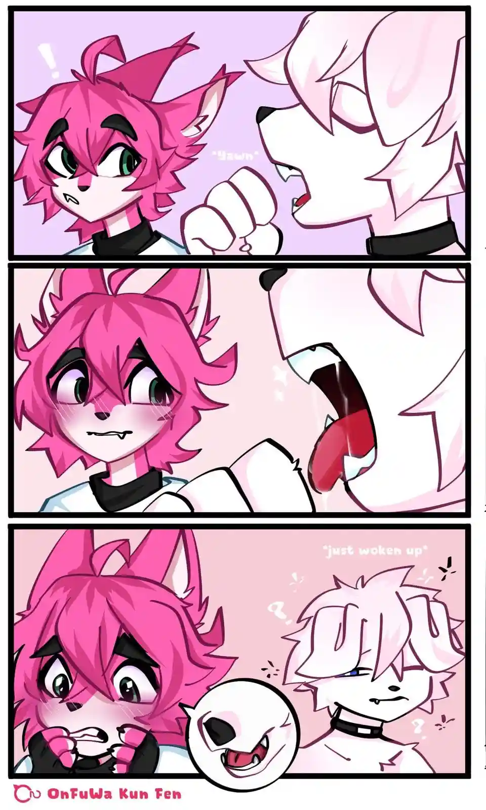 A three-panel comic shows a pink-haired anthropomorphic character reacting with shock and disgust as a white-haired…