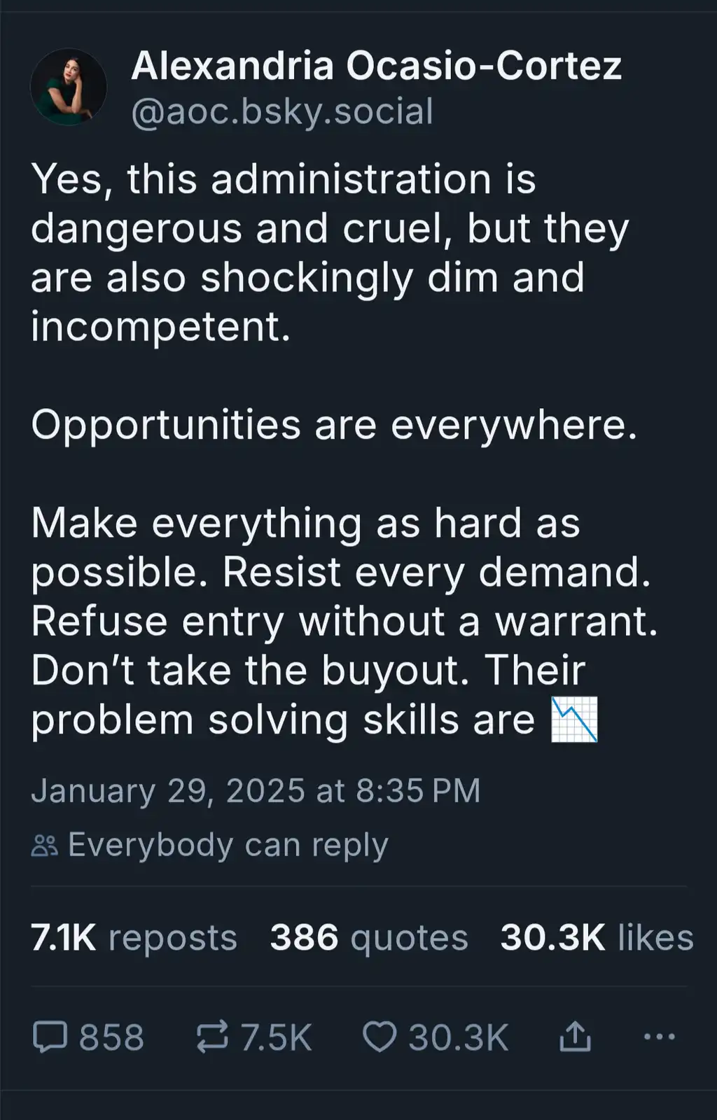 A screenshot of a social media post by Alexandria Ocasio-Cortez, displayed on a dark background with white text. The post…