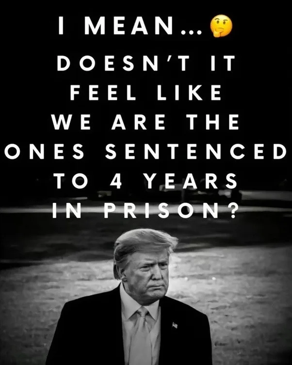 A black-and-white photo of Donald Trump looking downcast and weary, overlaid with large white text that reads 'I MEAN... 🤔…