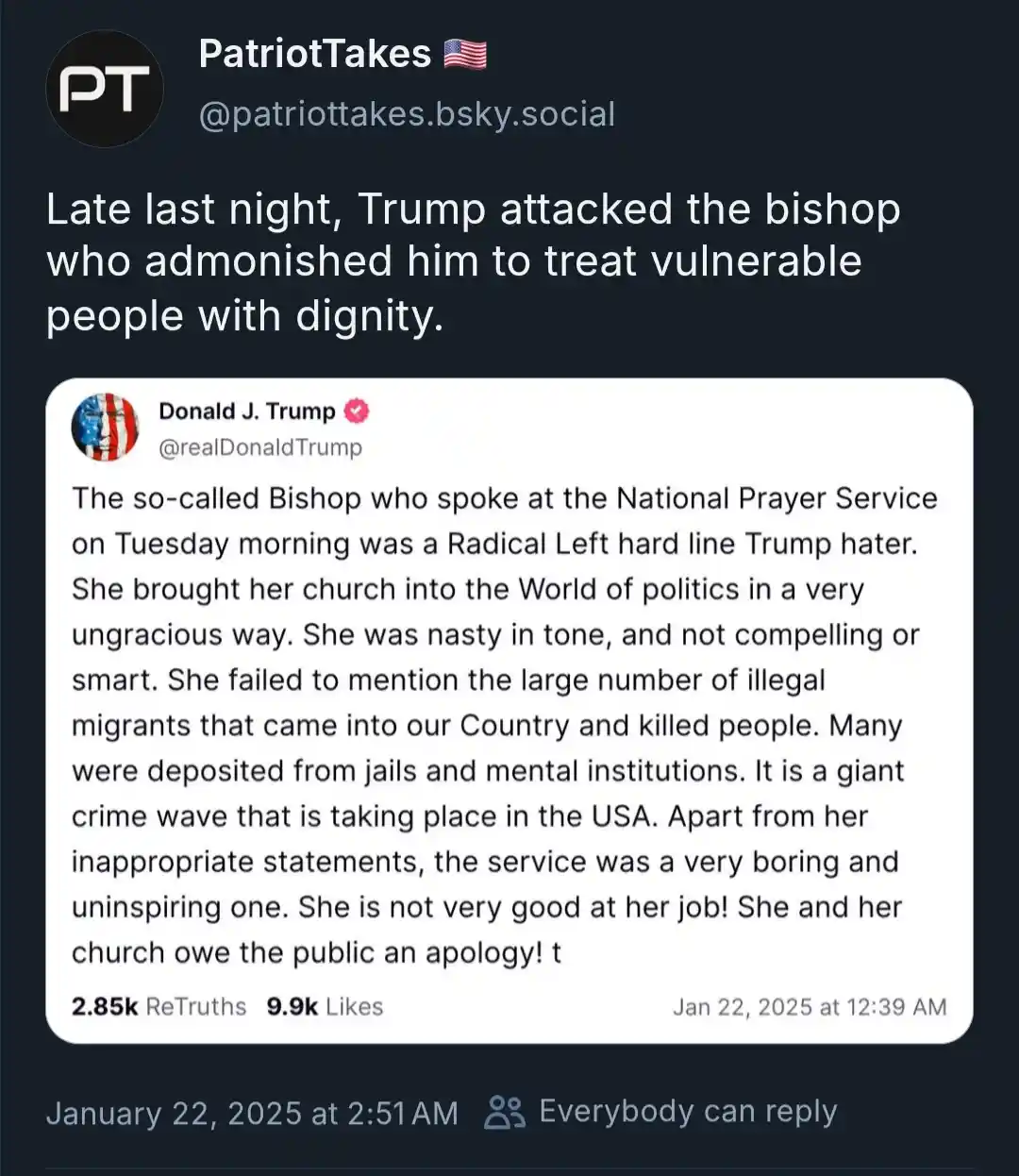 A screenshot of a social media post from 'PatriotTakes' showing a tweet from Donald J. Trump's account. The tweet criticizes…