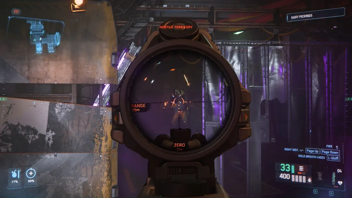 A first-person shooter game screenshot showing a player aiming a scoped rifle at an enemy in a dimly lit industrial setting…