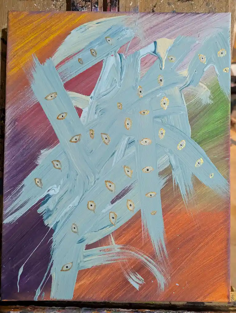 A painting of a light blue abstract chair with numerous small golden eyes painted across its surface, set against a colorful…