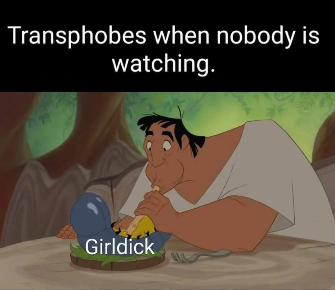A cartoon man in a white tunic is shown leaning over a small blue object labeled 'Girldick' while eating it. The top text…