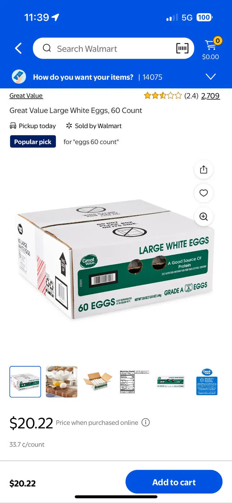 A screenshot of a Walmart mobile app product page for a 60-count box of Great Value Large White Eggs, priced at $20.22. The…