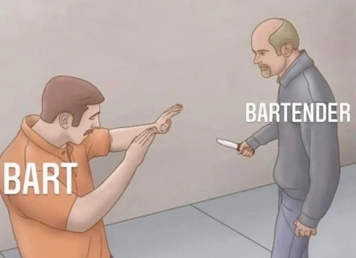 An illustrated image shows a man in an orange shirt labeled 'BART' holding his hands up in surrender or defense, facing a…
