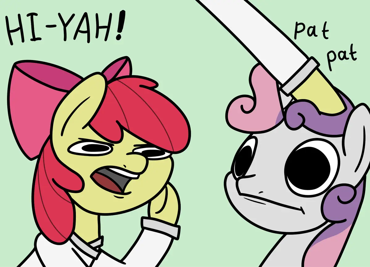 A cartoon pony with red hair and a yellow face shouts 'HI-YAH!' while another gray pony with purple mane and a white horn…