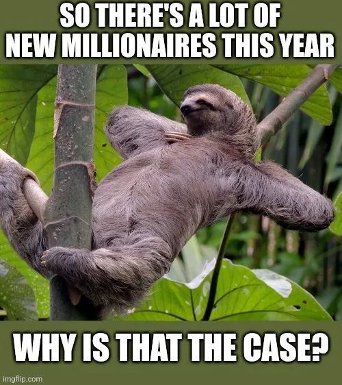 A sloth is hanging lazily from a tree branch in a jungle setting, looking relaxed and unbothered. The image has white bold…