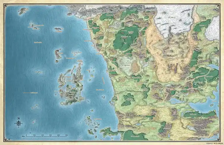 A detailed fantasy map of the continent of Faerûn from the Dungeons & Dragons universe, showing coastlines, forests…