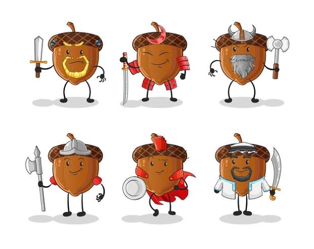 Six cartoon acorns dressed as different historical or fantasy warriors, each holding a weapon and wearing themed armor or…