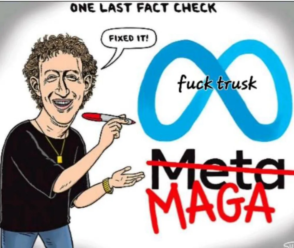 A cartoon of Mark Zuckerberg holding a red marker, smiling and gesturing toward a large blue infinity symbol. The symbol has…