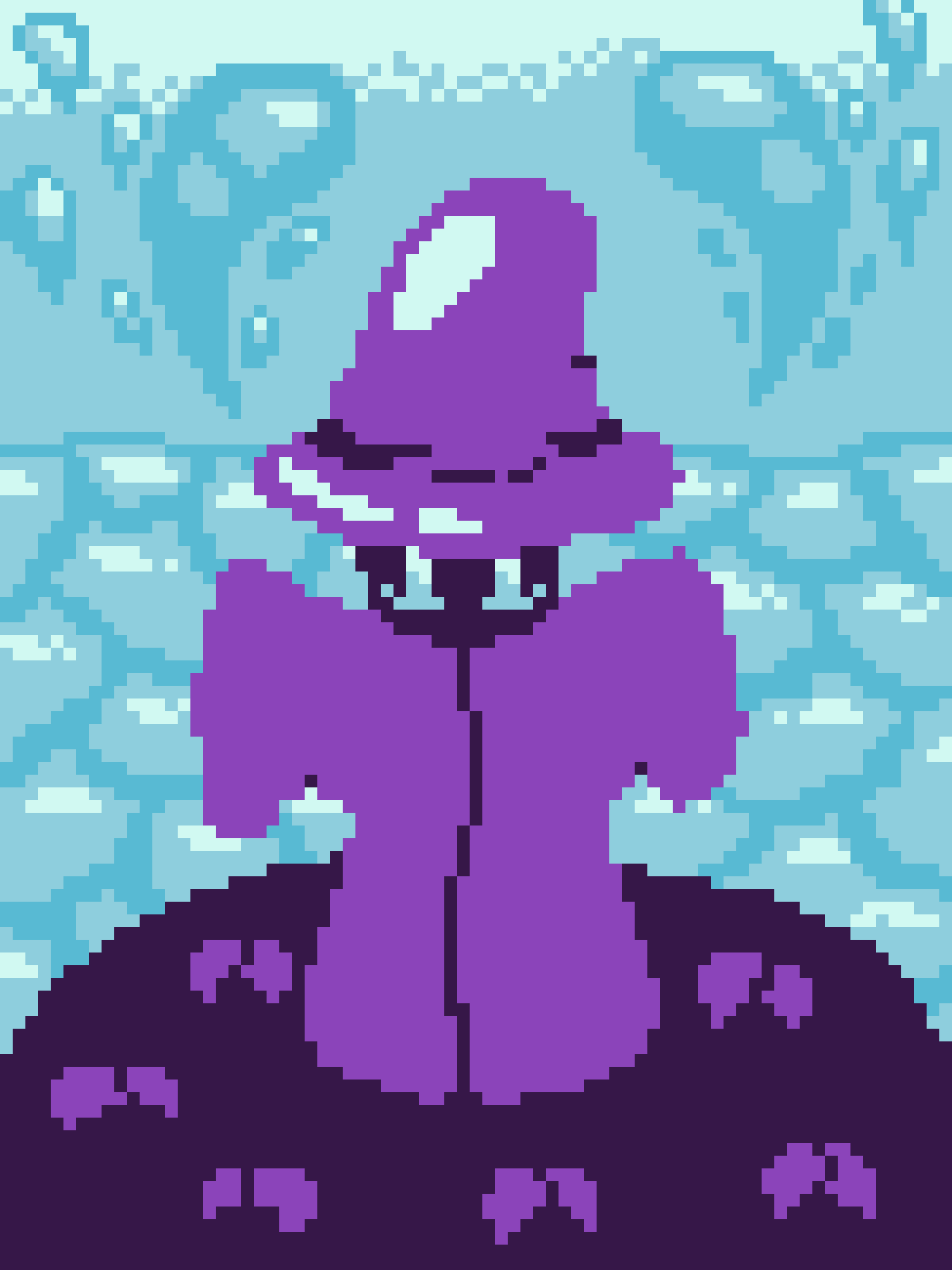 A pixel art image shows a purple, hooded figure with a stern expression standing in a blue, watery environment. The figure…