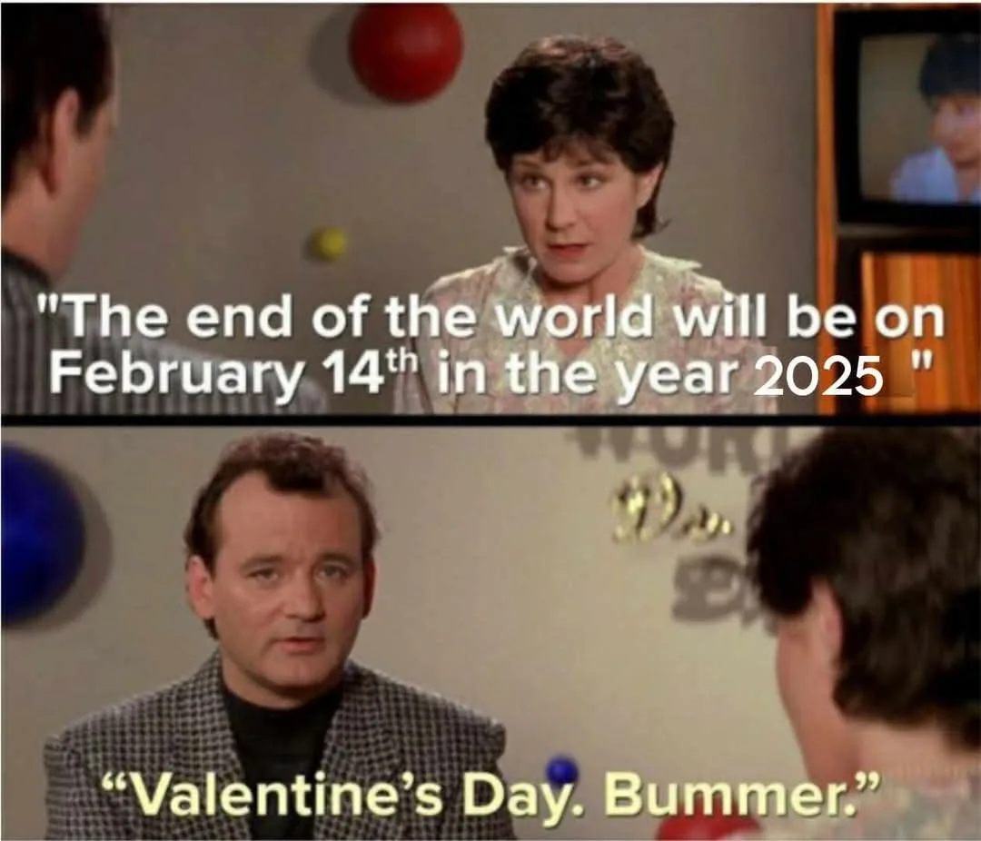 The image is a two-panel meme from the TV show 'The World's Funniest' featuring a woman stating, 'The end of the world will…