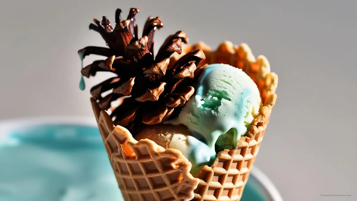 A waffle ice cream cone holds a scoop of light blue-green ice cream and a large pinecone, with a drop of blue liquid falling…
