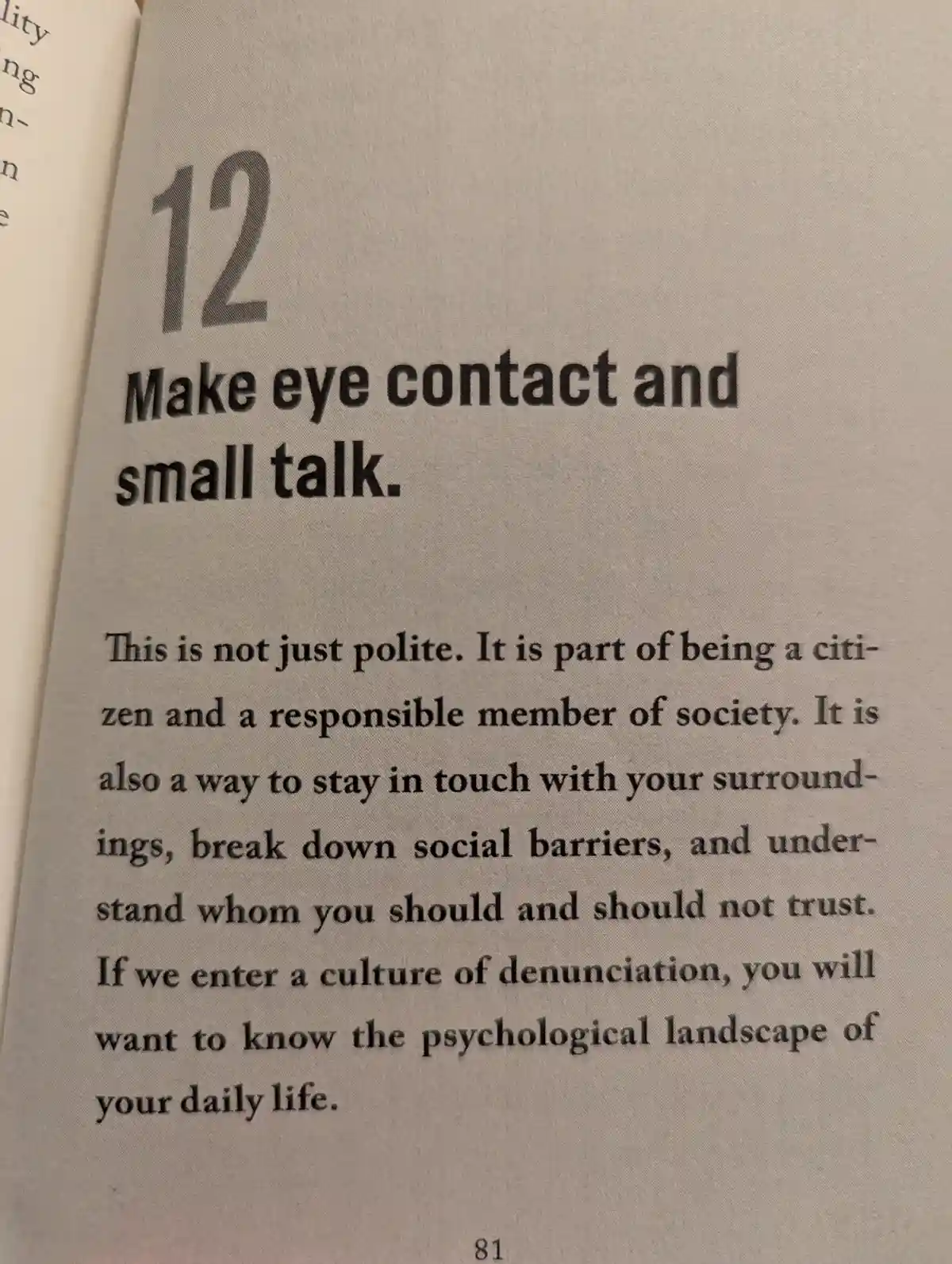 A close-up photo of a book page, numbered 12, with the heading 'Make eye contact and small talk.' The text below explains…