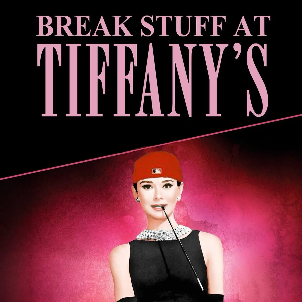 An image of Audrey Hepburn in her iconic black dress and pearl necklace, wearing a red baseball cap and holding a golf club…