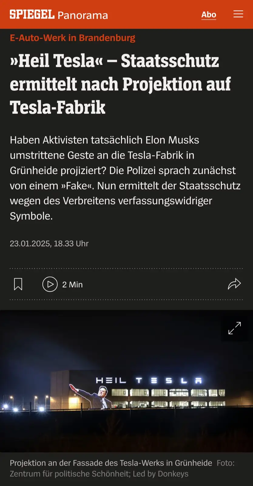 A screenshot of a German news article from SPIEGEL Panorama shows a nighttime photo of a Tesla factory in Brandenburg. A…