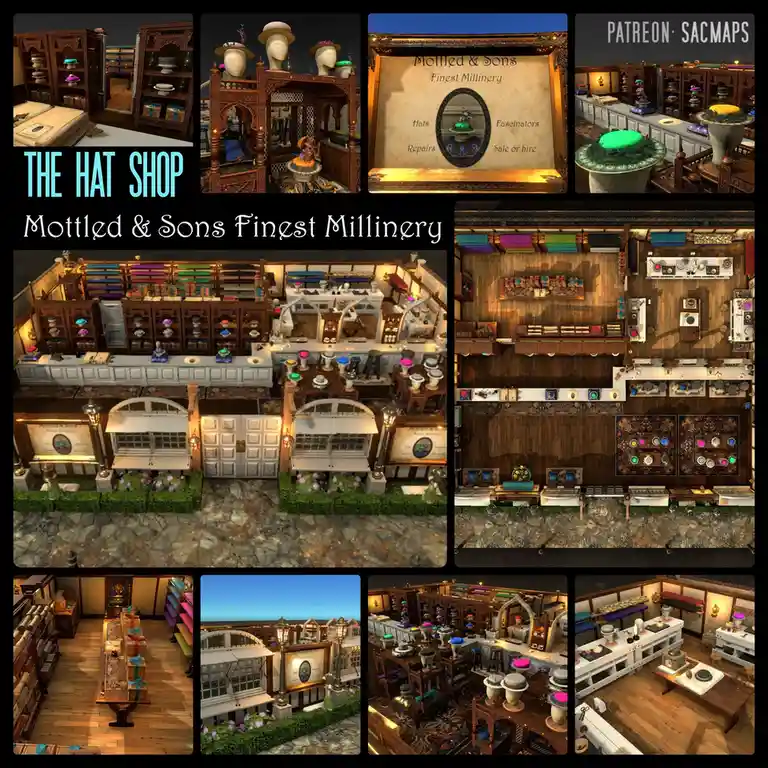 A collage of images showcasing a highly detailed, ornate virtual hat shop named 'Mottled & Sons Finest Millinery,' featuring…