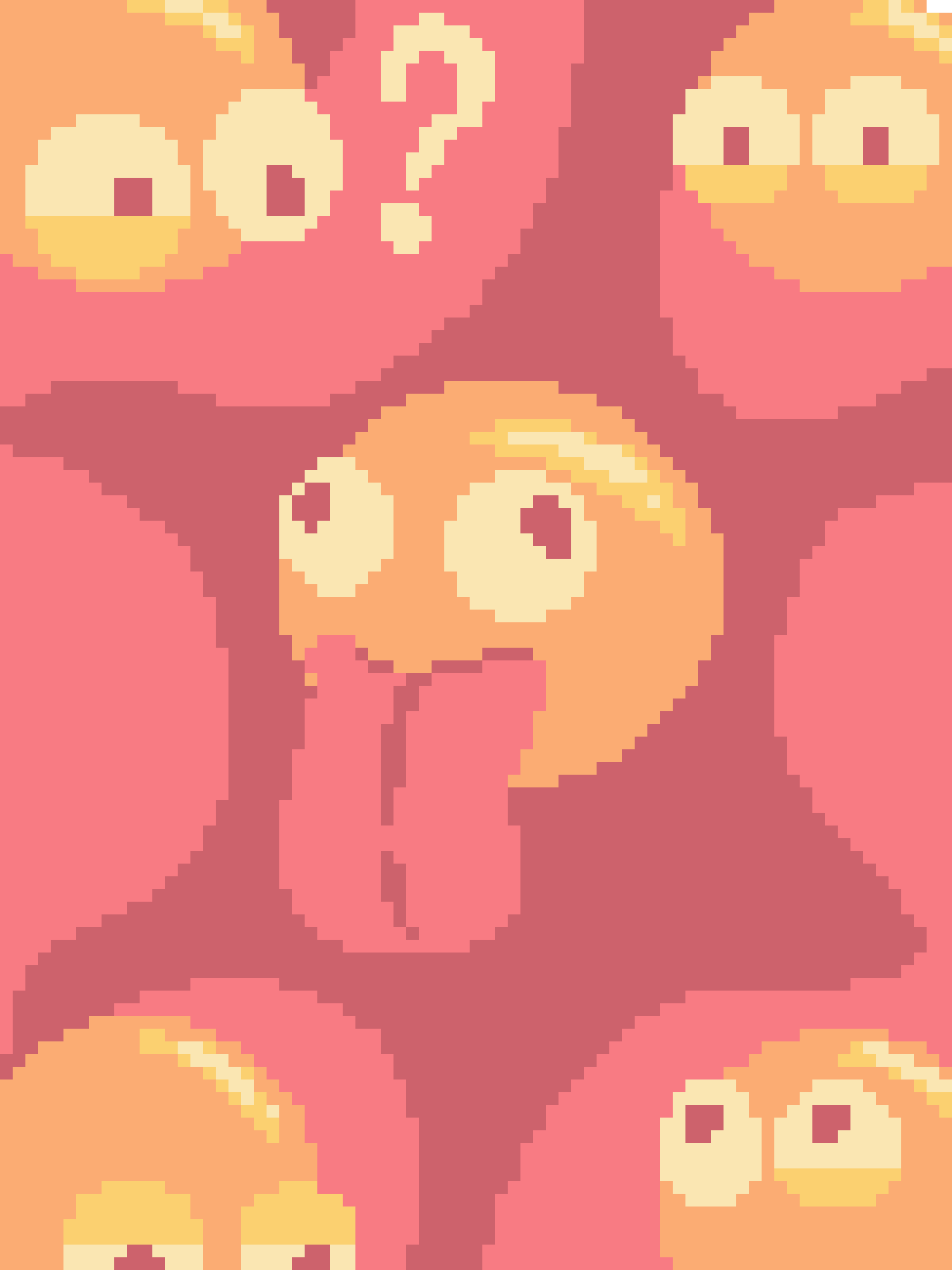 A pixelated image shows a central character with wide, surprised eyes and an open mouth, surrounded by four other characters…