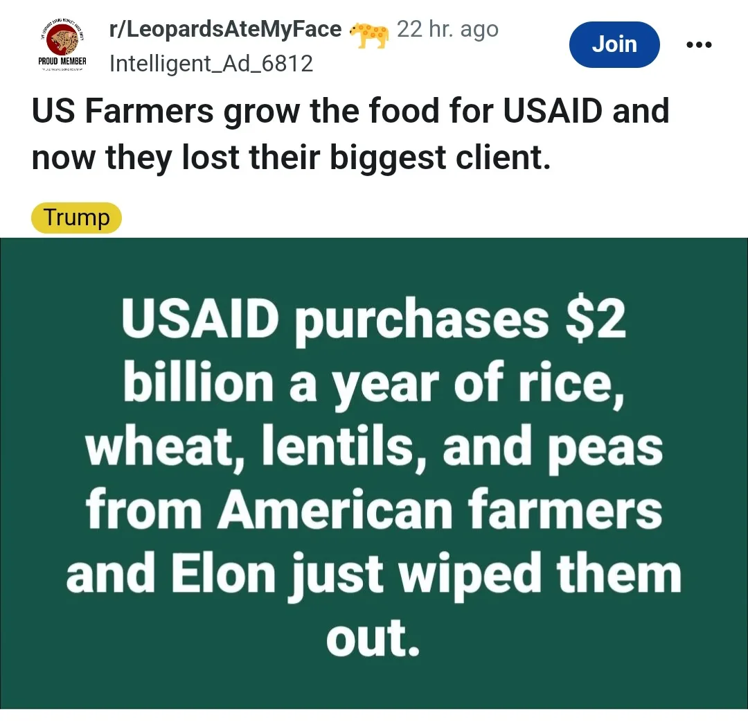 A Reddit post from r/LeopardsAteMyFace shows a dark green background with white text stating that USAID purchases $2 billion…