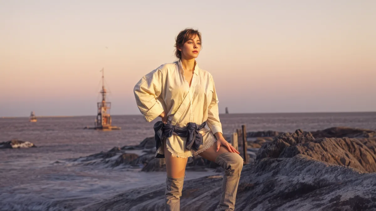 A woman stands confidently on rocky seaside terrain at sunset, wearing a loose white shirt tied at the waist with a dark…