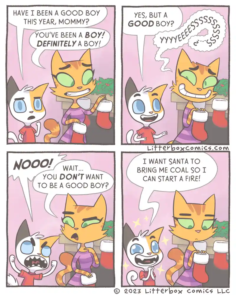 A four-panel comic strip featuring two cartoon cats. In the first panel, a small white and orange kitten asks its mother if…