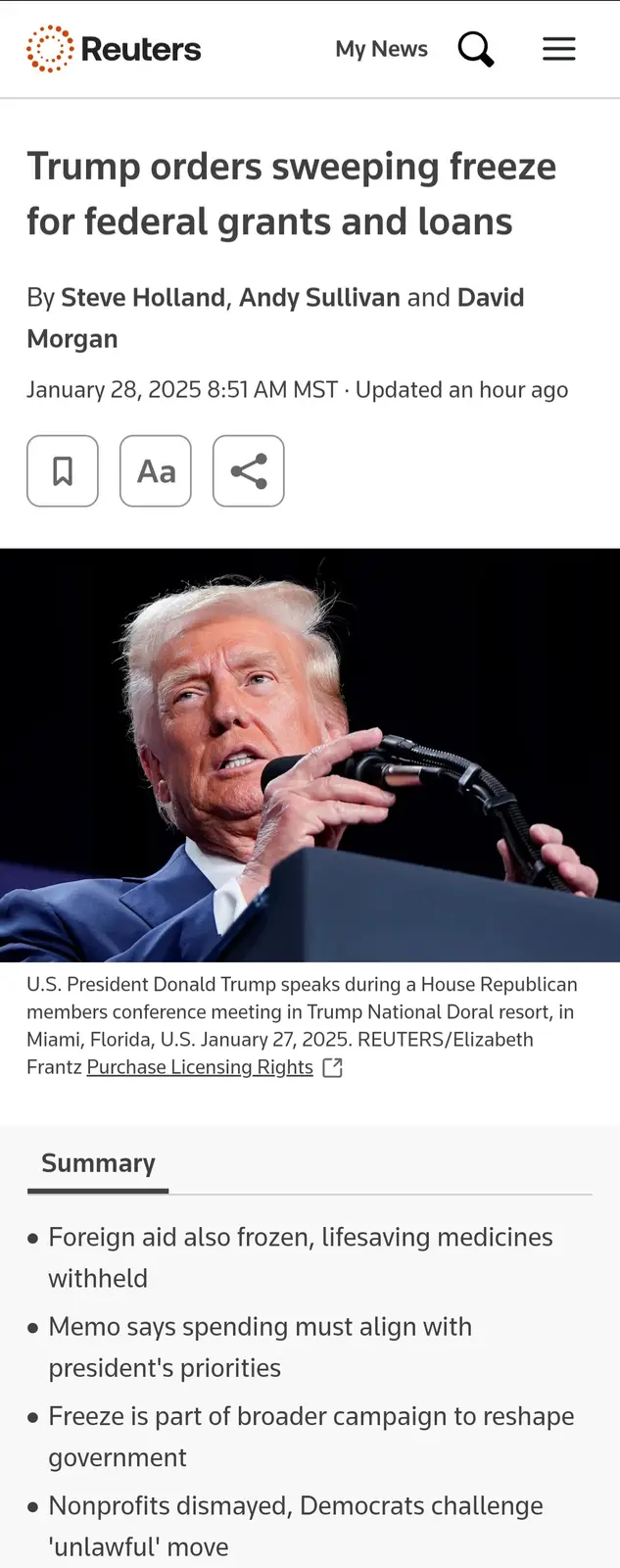 A screenshot of a Reuters news article dated January 28, 2025, featuring a photo of Donald Trump speaking at a podium. The…
