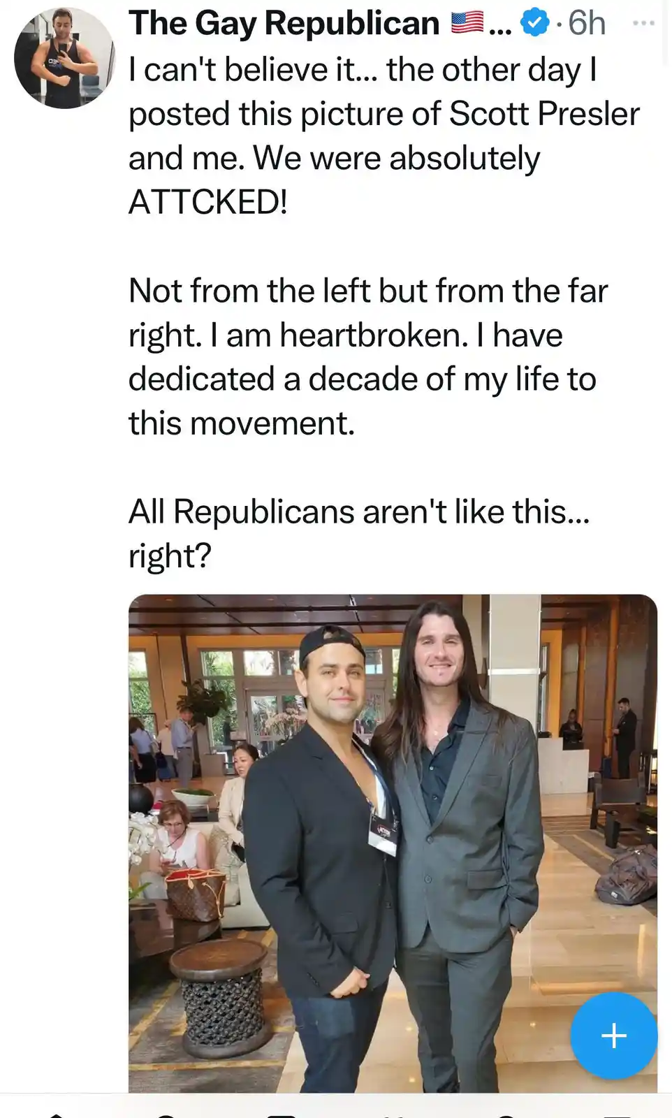 A screenshot of a social media post by 'The Gay Republican' shows a photo of two men posing together in a hotel lobby. The…