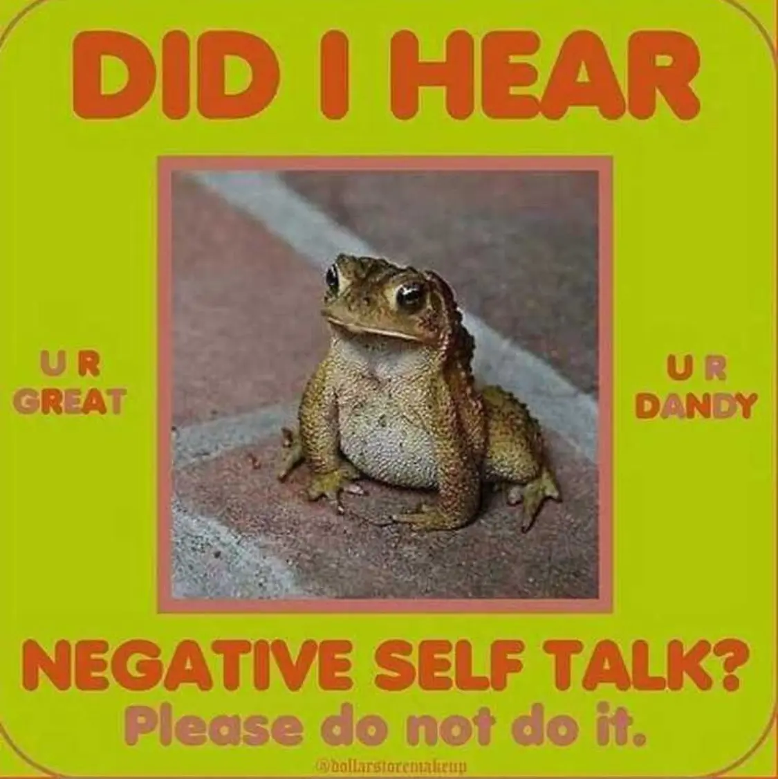 A still image of a toad sitting on pavement, framed by a bright lime-green background with orange text. The text at the top…