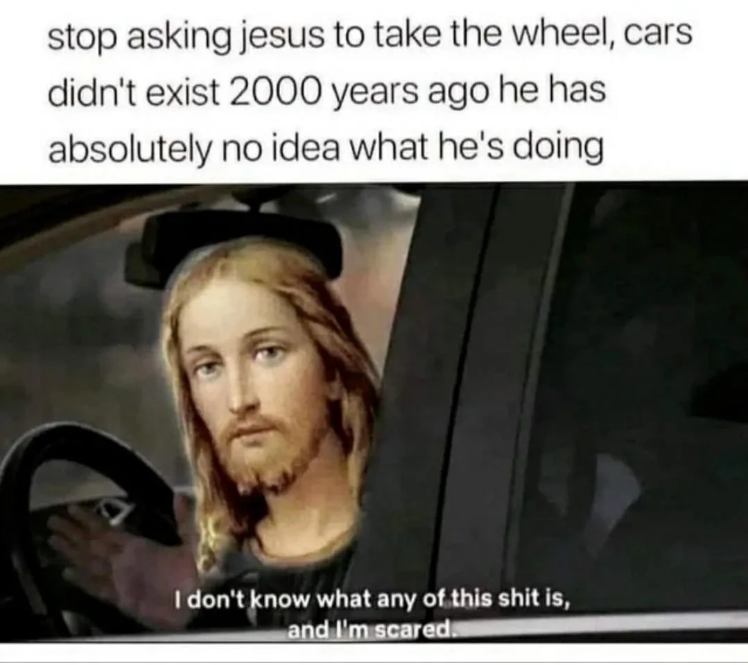 The image shows a digitally altered depiction of Jesus Christ sitting in the driver's seat of a modern car, holding the…