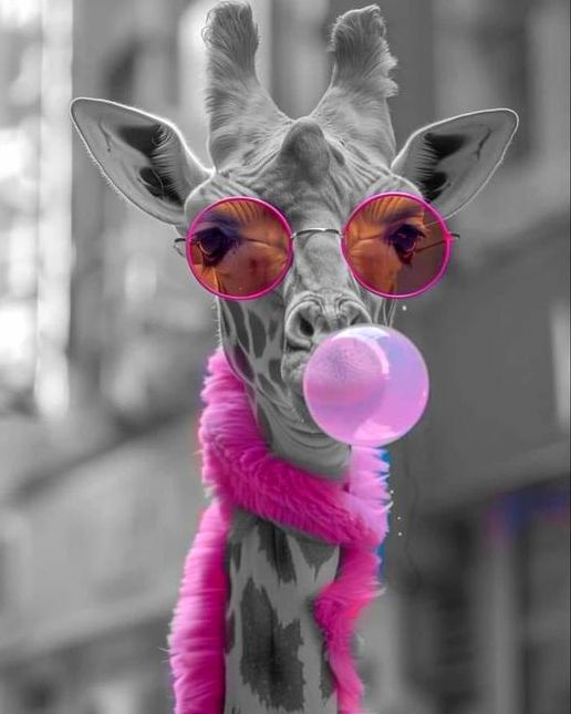 A black-and-white photo of a giraffe's head and neck, digitally edited to wear oversized pink-rimmed sunglasses and a bright…