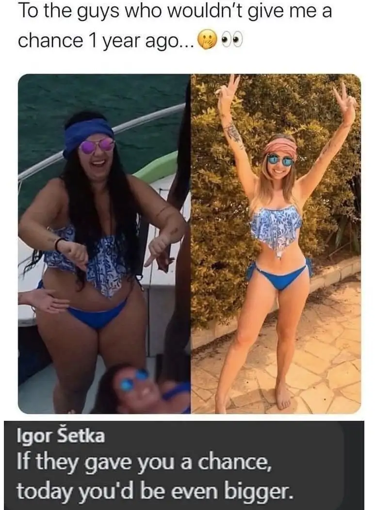 The meme displays two side-by-side photos of the same woman in a blue bikini, one showing her on a boat and the other on…