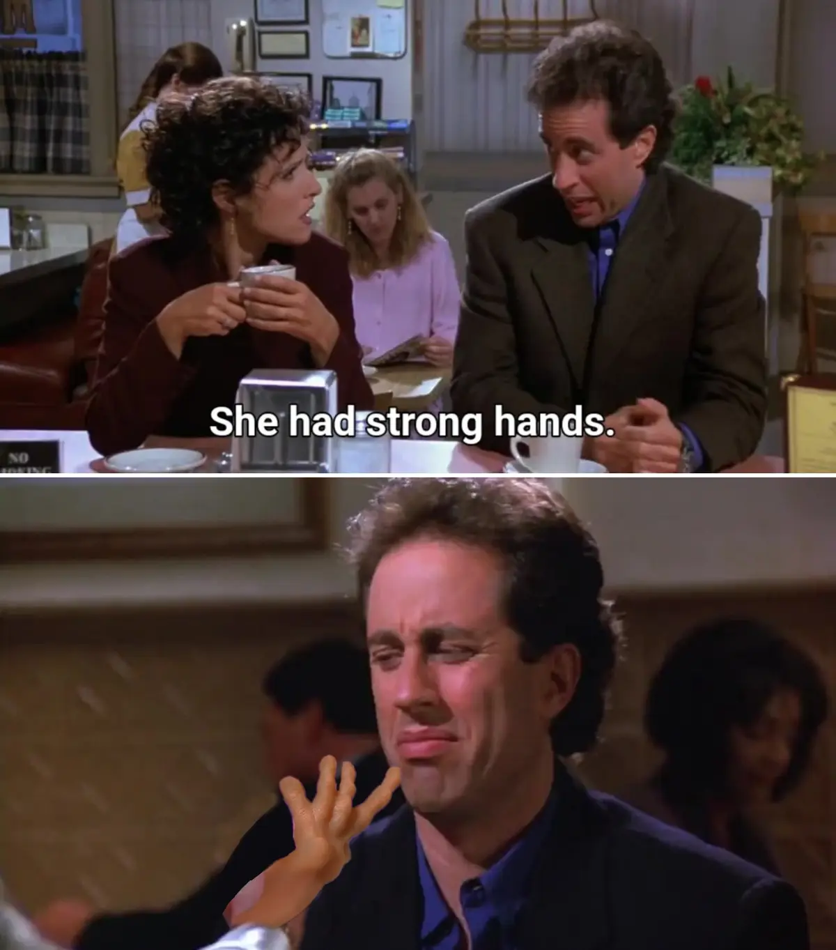 The top panel shows a man and woman in a diner, the man saying 'She had strong hands.' The bottom panel is a close-up of the…
