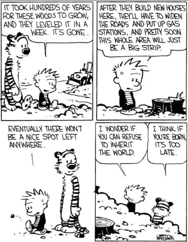 A four-panel Calvin and Hobbes comic strip showing Calvin and his tiger friend Hobbes lamenting the destruction of a forest…