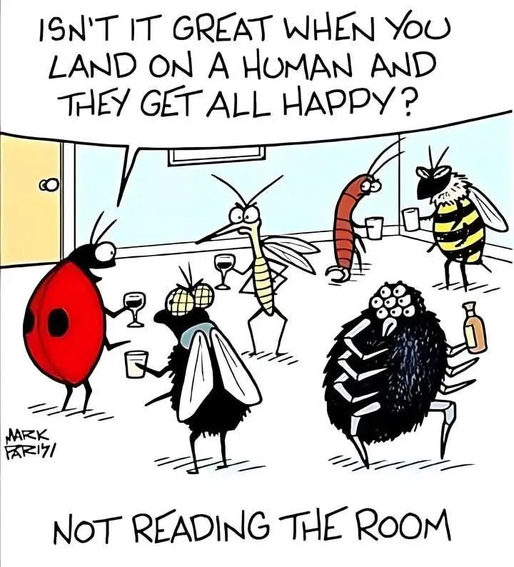 A cartoon depicts several anthropomorphic insects socializing indoors with drinks. A ladybug asks, 'Isn't it great when you…