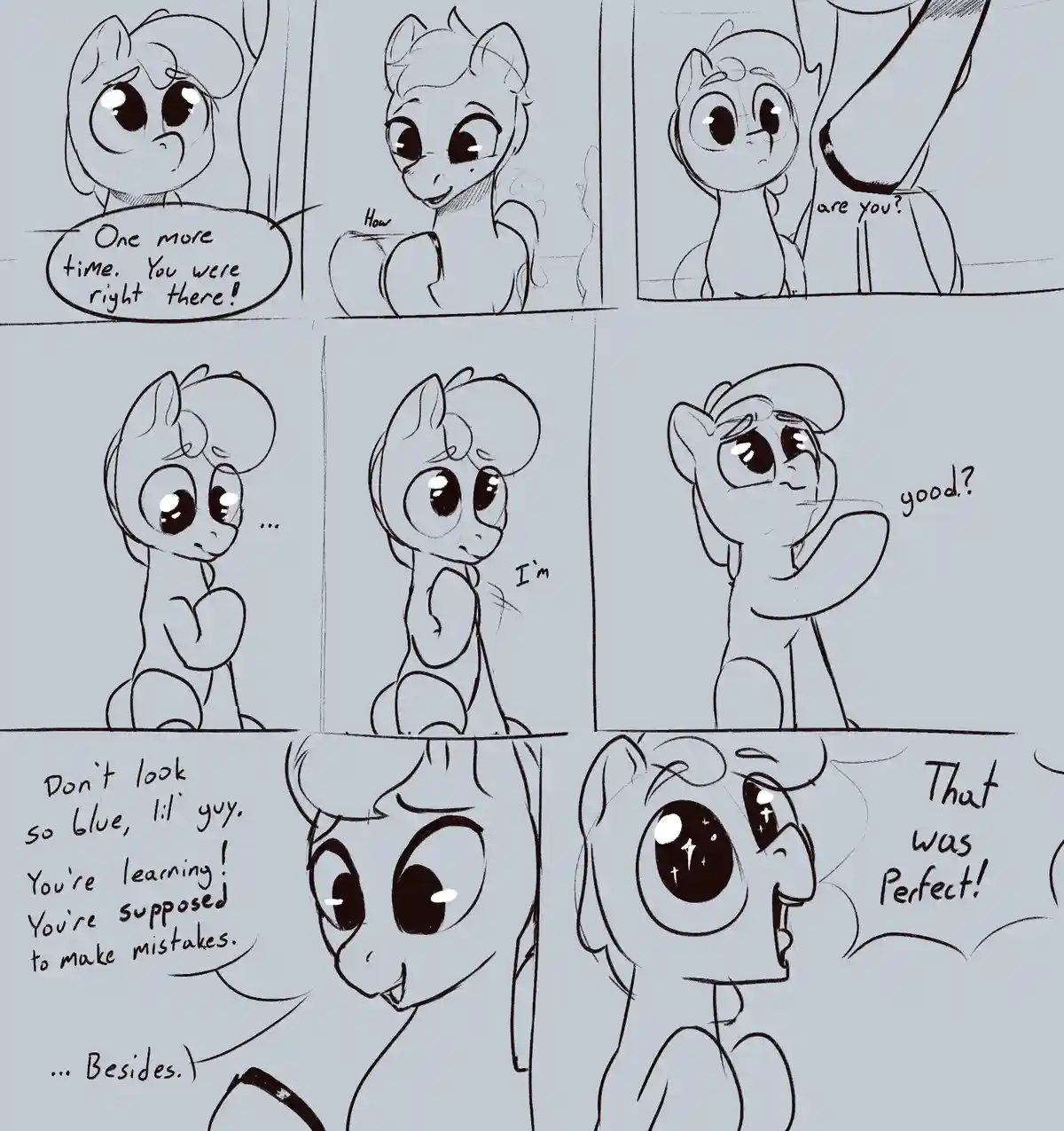 A six-panel comic strip featuring a young pony character practicing a skill with an adult pony. The young pony repeatedly…