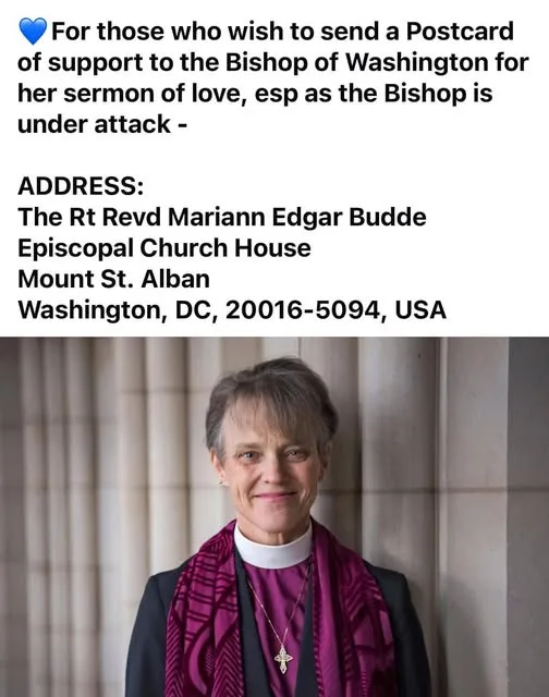 A photo of a woman in clerical collar and purple scarf, with overlaid text asking people to send postcards of support to…