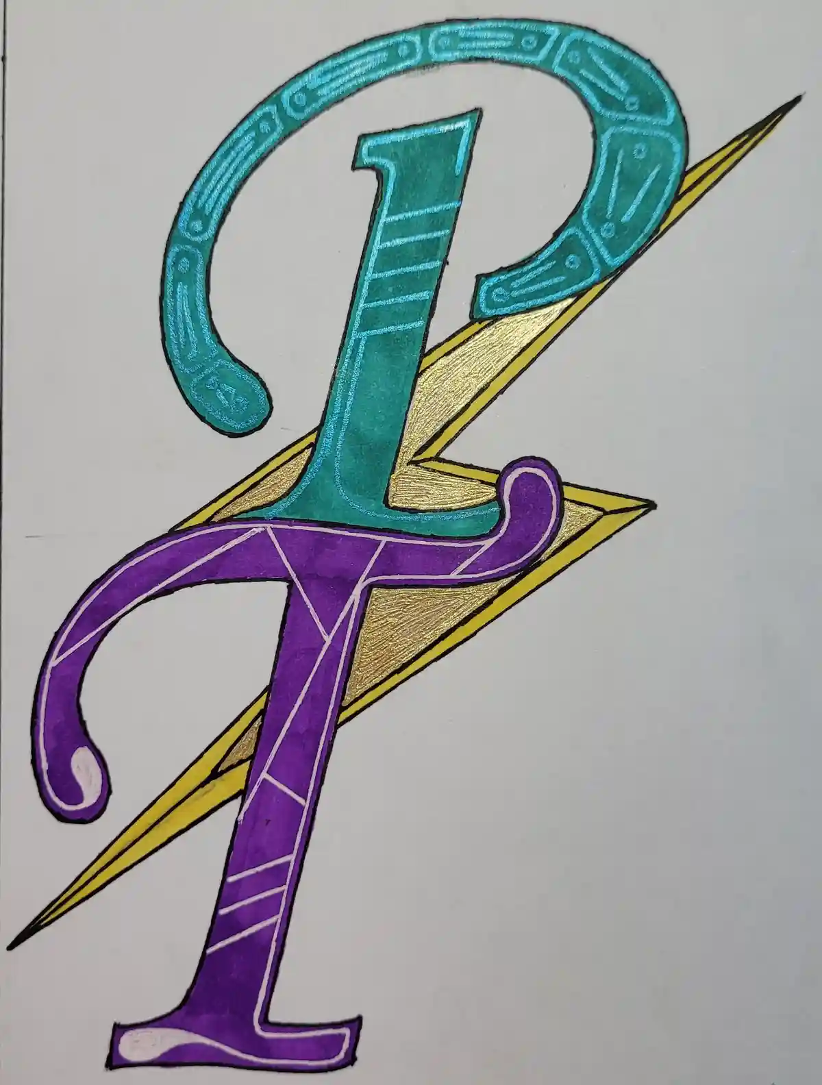 A hand-drawn, stylized letter 'L' is depicted with a teal upper section featuring ornate patterns and a purple lower section…