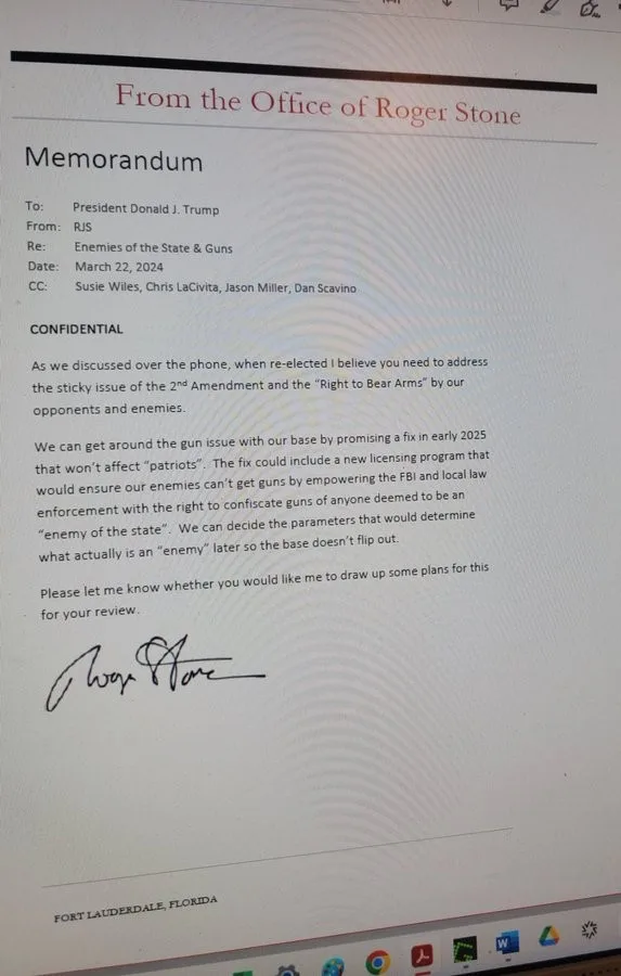 A screenshot of a fake memorandum from Roger Stone's office, addressed to President Trump, proposing a gun control plan that…