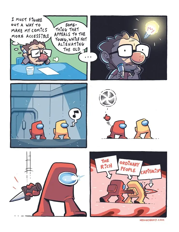 A comic strip shows a cartoon creator pondering how to make comics accessible to both young and old audiences. He gets an…