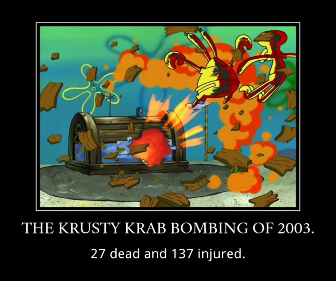An explosion scene from the animated show SpongeBob SquarePants shows the Krusty Krab restaurant in ruins with debris flying…
