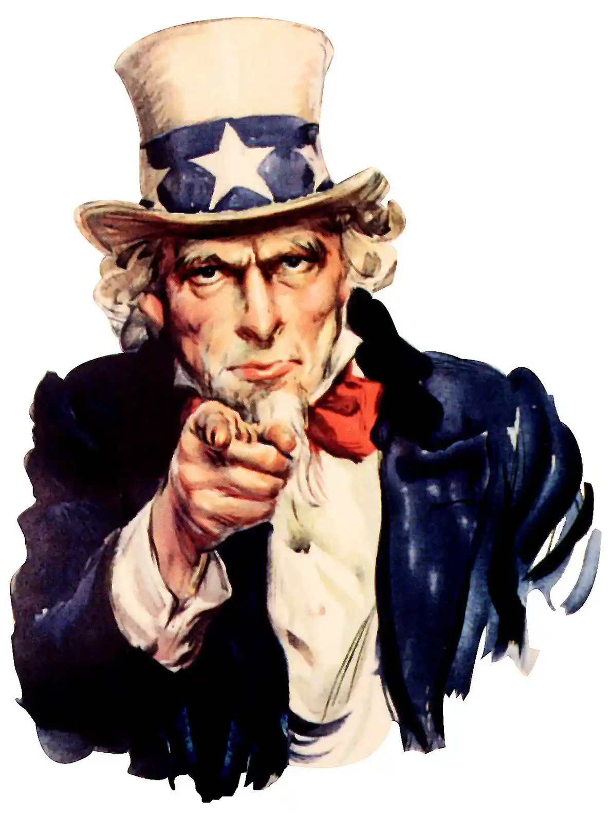 A stern, illustrated Uncle Sam pointing directly at the viewer, wearing a top hat with a star and stripes, a dark blue coat…