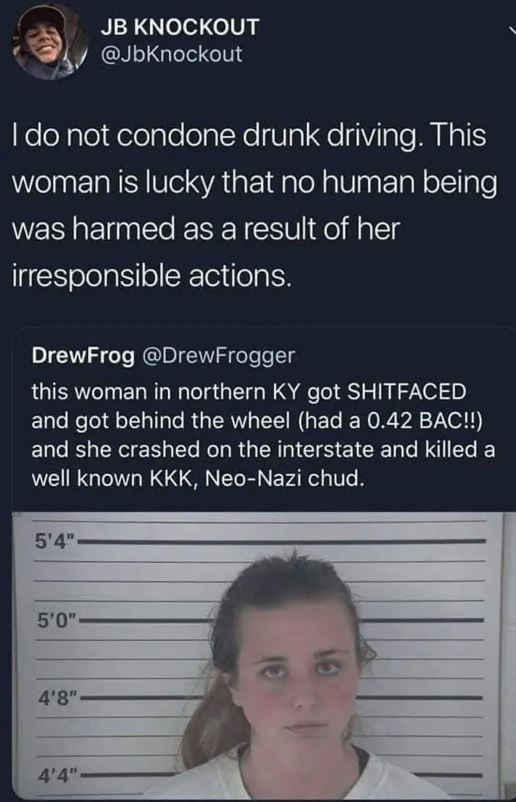 A screenshot of a Twitter thread shows a mugshot of a woman in front of a height chart. The top tweet, from JB KNOCKOUT…