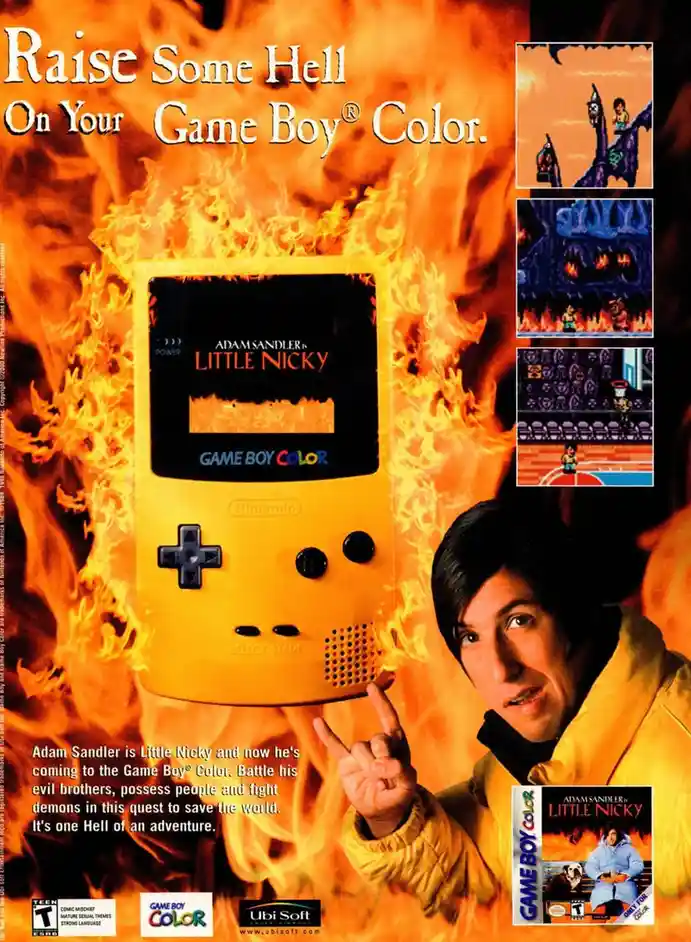 A promotional image for a fictional Game Boy Color game featuring Adam Sandler as 'Little Nicky,' surrounded by flames. The…